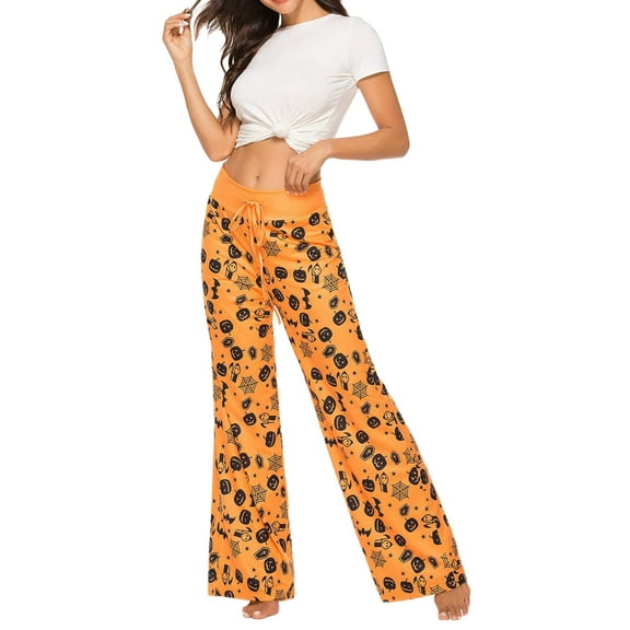Rdhnmea Women Halloween Pajama Pants Pumpkin Skull Ghost Print Pajamas Drawstring Cute Funny PJ's Ladies Jammies PJs