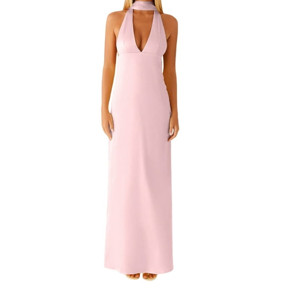 Rdhnmea Women Halter V Neck Floral Maxi Dress with Scarf Sexy Open Back Bodycon Satin Long Dresses Summer Going Out Beachwear