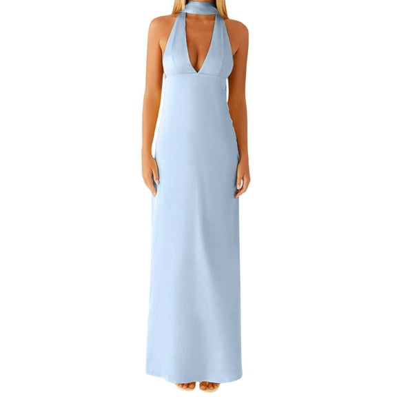 Rdhnmea Women Halter V Neck Floral Maxi Dress with Scarf Sexy Open Back Bodycon Satin Long Dresses Summer Going Out Beachwear