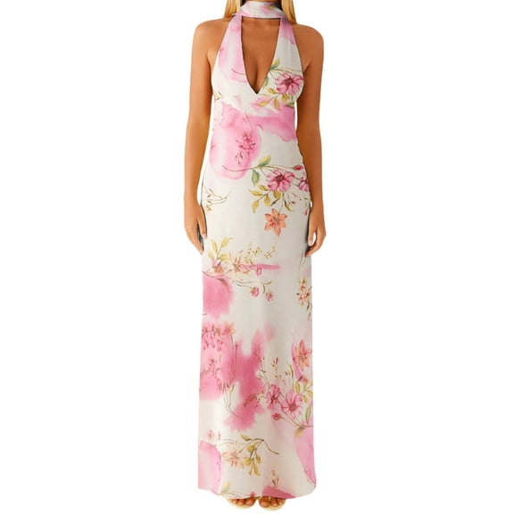 Rdhnmea Women Halter V Neck Floral Maxi Dress with Scarf Sexy Open Back Bodycon Satin Long Dresses Summer Going Out Beachwear