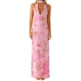 thumbnail image 1 of Rdhnmea Women Halter V Neck Floral Maxi Dress with Scarf Sexy Open Back Bodycon Satin Long Dresses Summer Going Out Beachwear, 1 of 9
