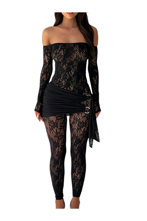 Women Lace Jumpsuit, Long Sleeve Off-shoulder Patchwork Sheer Jumpsuit
