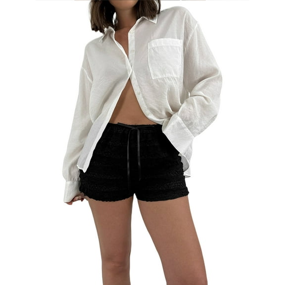 Rdhnmea Women Lace Trim Shorts Layered Ruffle Trim Bloomers Shorts Cute Lolita Pumpkin Pants Lace Bow Elastic Waist Pettipants Streetwear