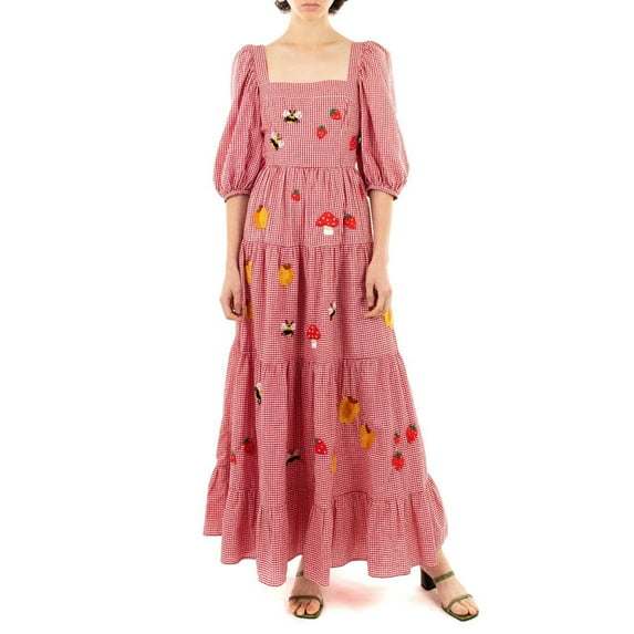 Rdhnmea Women Long Dress Embroidery Smocked Square Neck Flowy Dresses