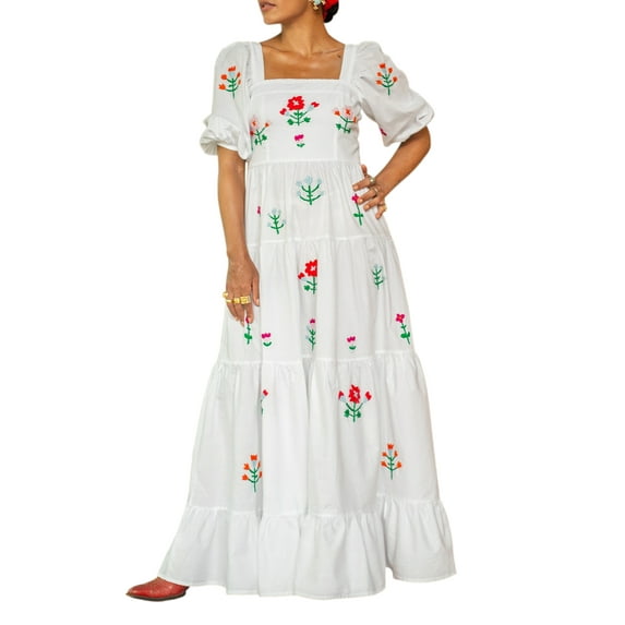 Rdhnmea Women Long Dress Embroidery Smocked Square Neck Flowy Dresses