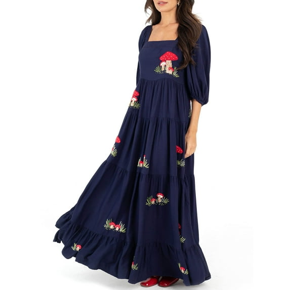 Rdhnmea Women Long Dress Embroidery Smocked Square Neck Flowy Dresses