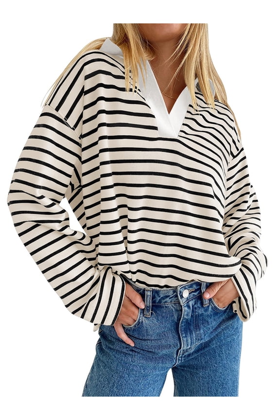 Women Long Sleeve T-Shirts Stripe Turn-Down Collar V-Neck Shirts