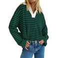 thumbnail image 1 of Rdhnmea Women Long Sleeve T-Shirts Stripe Turn-Down Collar V-Neck Shirts, 1 of 7
