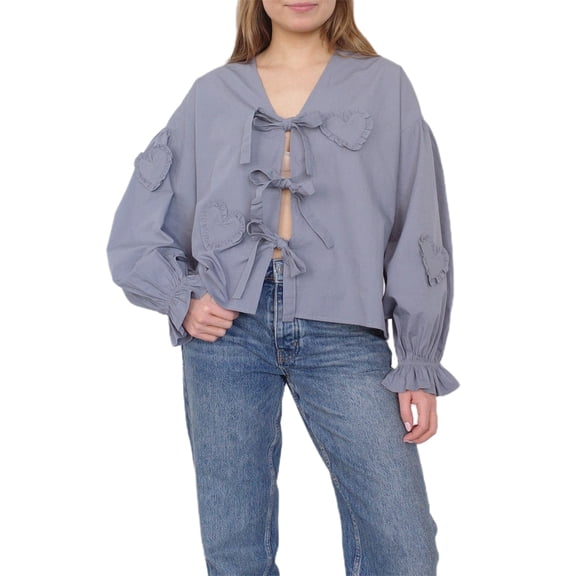 Rdhnmea Women Loose Long Sleeve Shirt Casual Heart Ruffles Tie Front Tops