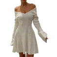 thumbnail image 1 of Rdhnmea Women Off Shoulder Sweater Dress V Neck High Waist Long Sleeve Ribbed Knit Short Dress Party Club Nightwear, 1 of 4