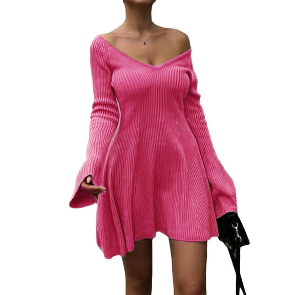 Rdhnmea Women Off Shoulder Sweater Dress V Neck High Waist Long Sleeve Ribbed Knit Short Dress Party Club Nightwear