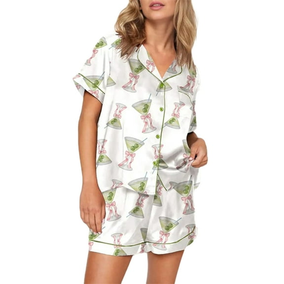 Rdhnmea Women Pajama Set, Cocktail Butterfly Print Short Sleeve Shirt Shorts