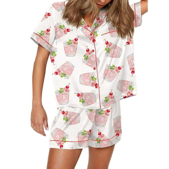 Rdhnmea Women Pajama Set, Cocktail Butterfly Print Short Sleeve Shirt Shorts
