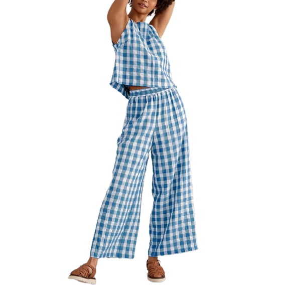 Rdhnmea Women Pajamas Lounge Set Plaid Sleeveless Tank Tops and Wide Leg Pants 2 Piece Loungewear Outfits