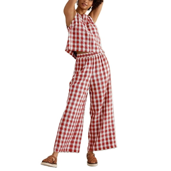 Rdhnmea Women Pajamas Lounge Set Plaid Sleeveless Tank Tops and Wide Leg Pants 2 Piece Loungewear Outfits