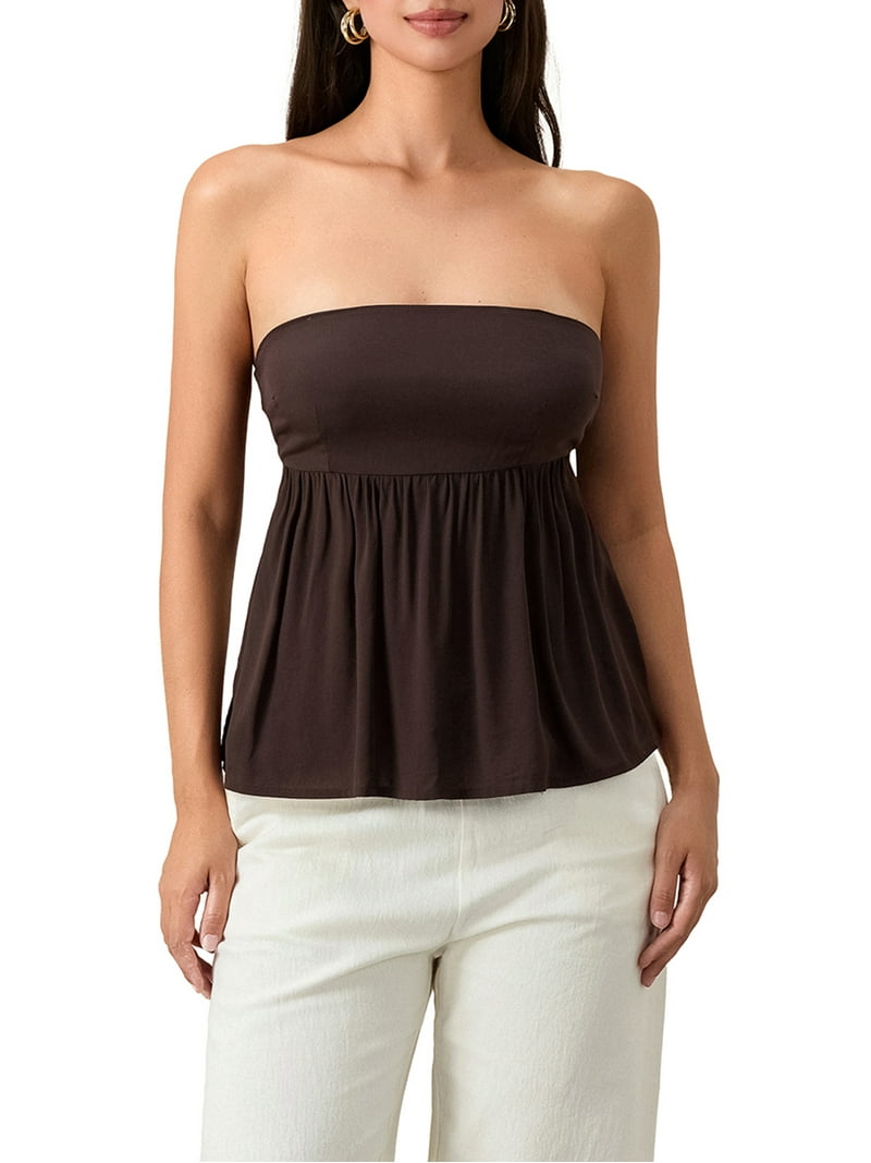 Rdhnmea Women Peplum Strapless Tube Top Pleated Solid Flowy