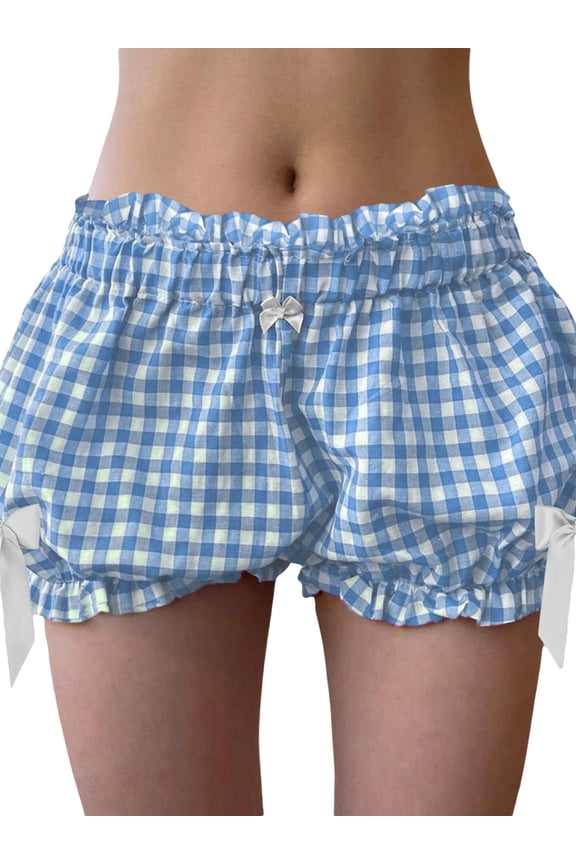 Women Plaid Shorts, Elastic Waist Bows Summer Bloomer Shorts
