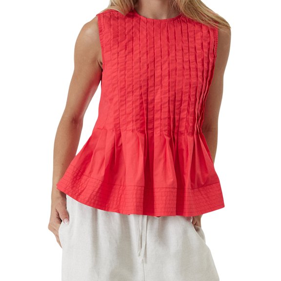 Rdhnmea Women Pleated Tank Tops Solid Color Round Neck Sleeveless Ruffed Shirt