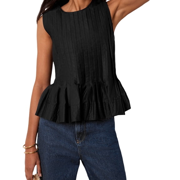 Rdhnmea Women Pleated Tank Tops Solid Color Round Neck Sleeveless Ruffed Shirt