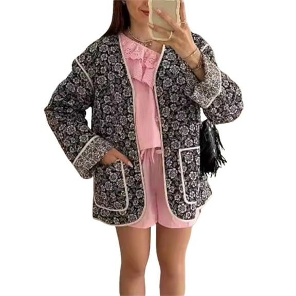 Rdhnmea Women Quilted Jacket Double Sided Floral Long Sleeve Button Down Coat