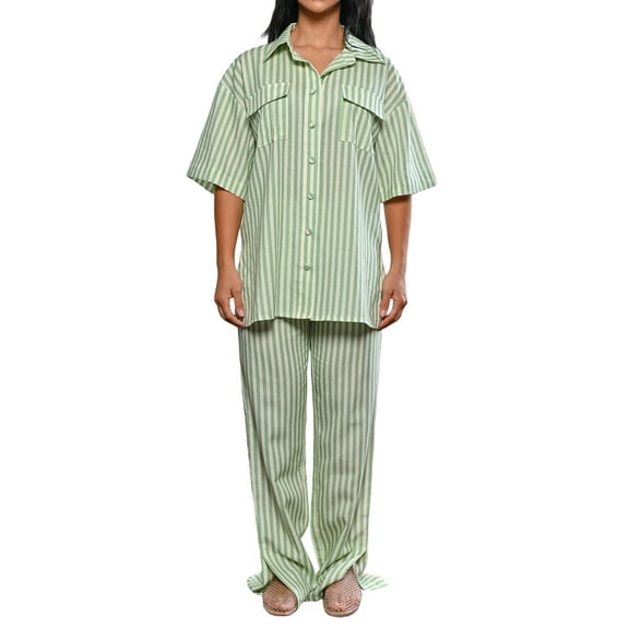 Rdhnmea Women Ric Rac Pattern 2 Piece Pajama Set Short Sleeve Button Down Shirt Blouse Satin Wide Leg Lounge Pants Soft Sleepwear