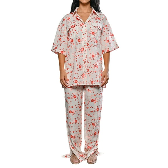 Rdhnmea Women Ric Rac Pattern 2 Piece Pajama Set Short Sleeve Button Down Shirt Blouse Satin Wide Leg Lounge Pants Soft Sleepwear