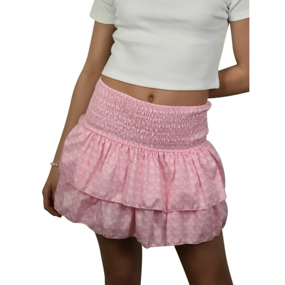 Rdhnmea Women Ruffle Flowy Mini Skirts Elegant High Waist Pleated Printed Ruffled Layered Skirt Summer A-line Skirt Streetwear