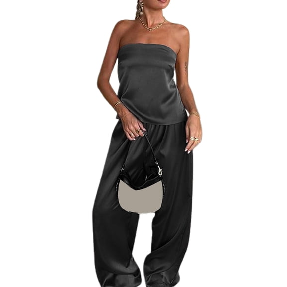 Rdhnmea Women Satin Tube Top Pants Set 2 Piece Backless Bandeau Tube Top Wide Leg Long Pants Aesthetic Clothes Y2k Clubwear Party Streetwear