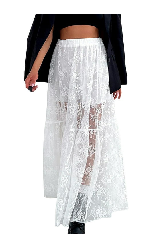 Women Sheer Lace Maxi Skirt Y2K Floral Embroidered See-Through A-Line Long Skirt Beach Vacation Streetwear