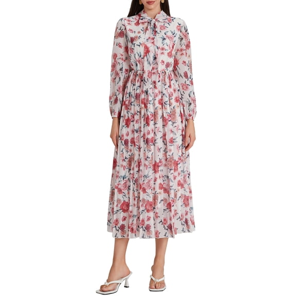 Rdhnmea Women Shirt Dress Floral Print Tie Bow Long Sleeve A-Line Party Dress