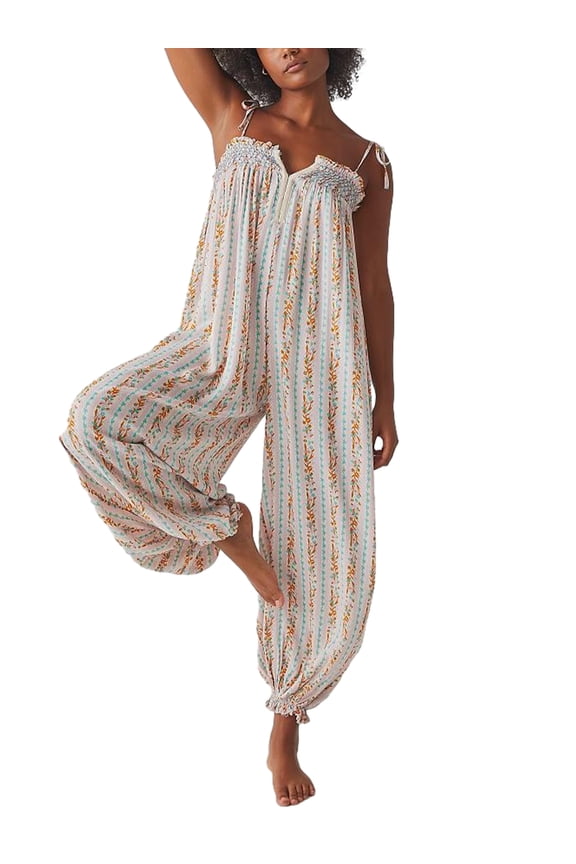 Women Sleeveless Loose Jumpsuits Spaghetti Strap Boho Floral Print Long Pants Romper Ethnic Beach Harem Pants Fashion Cami Playsuits