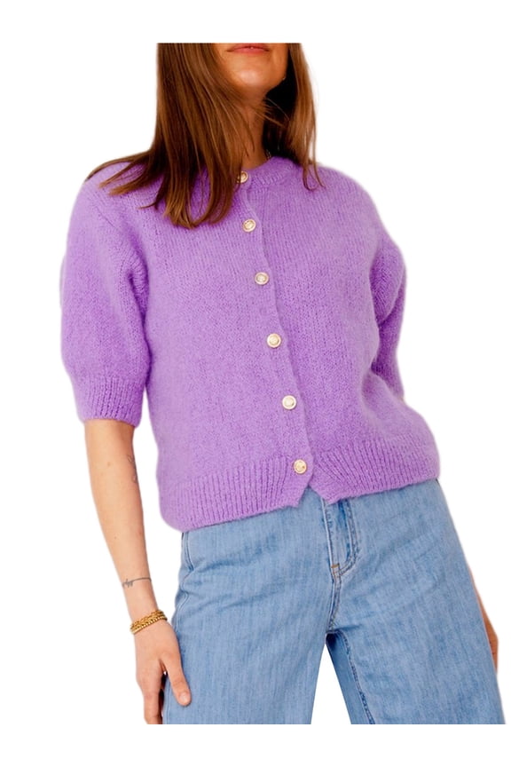 Women Soft Knit Cardigan Half Sleeve O Neck Button Up Sweaters Tops Fall Spring Solid Color Knitwear