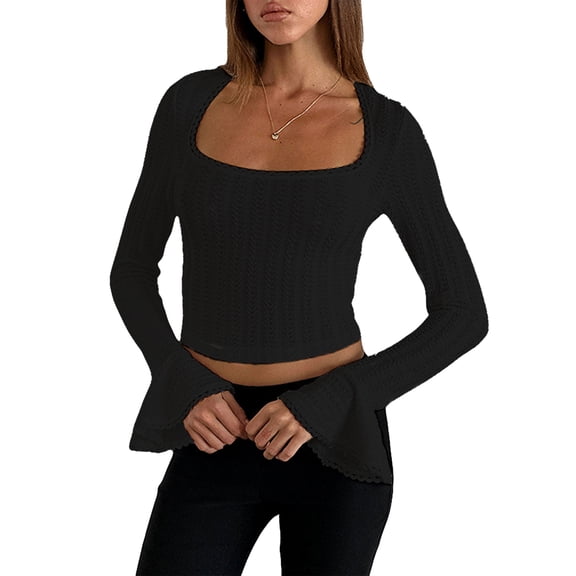 Rdhnmea Women Solid Color T-Shirts Textured Picot Trim Long Bell Sleeves Tops