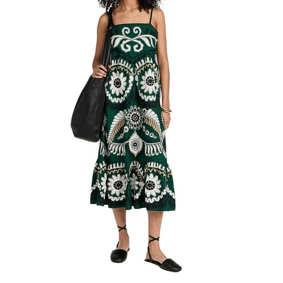 Rdhnmea Women Spaghetti Strap Fashion Print Maxi Dress Square Neck Tiered Ruffled Swing Long Cami Dress Boho Beach Vacation Sundress