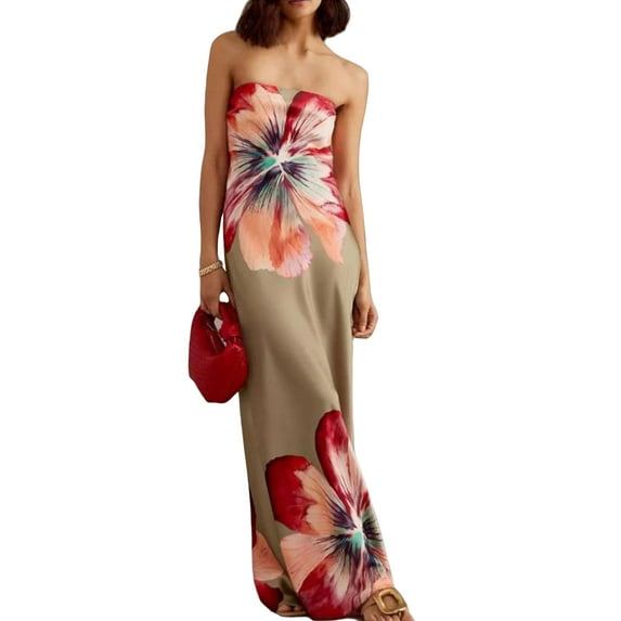 Rdhnmea Women Strapless Tube Dress Summer Floral Print Backless Party Dress