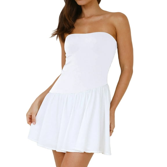 Rdhnmea Women Strapless Tube Top Mini Dress Off Shoulder Sleeveless Drop-Waist A Line Short Dress Summer Patchwork Dress
