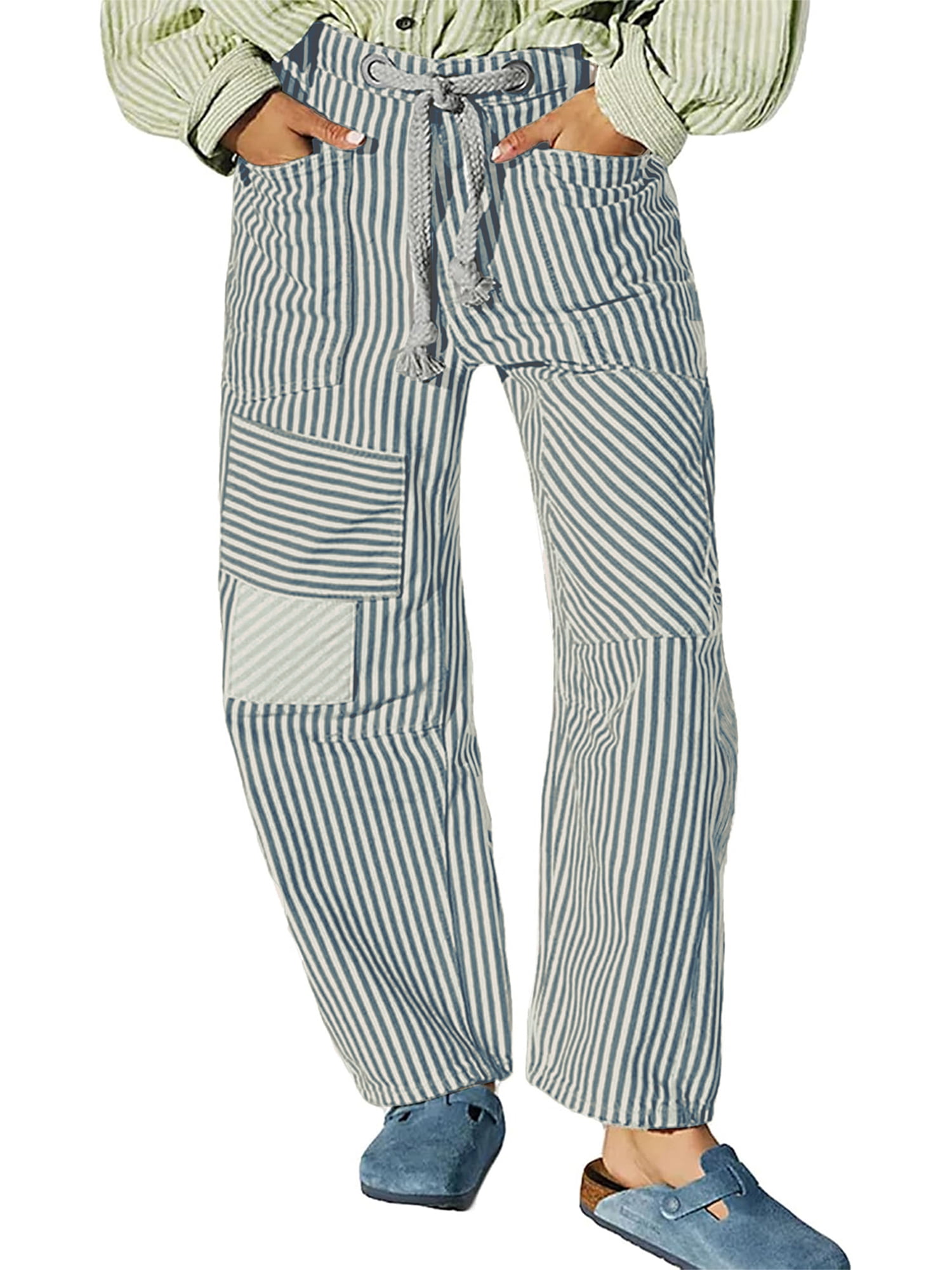 Women Striped Pants, Drawstring Patchwork Wide Leg Pants with Pockets