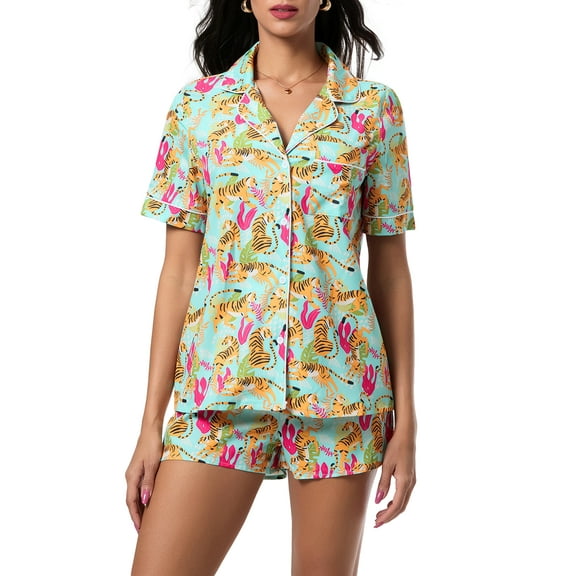 Rdhnmea Women Summer 2 Piece Pajamas Set Animal Print Button Up Shirt and Elastic Shorts Soft Sleepwear Loungewear