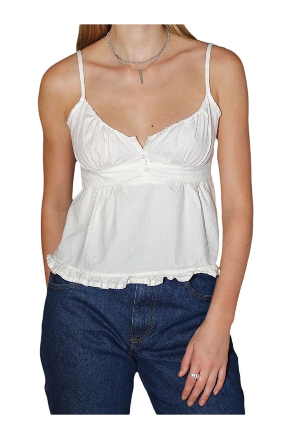 Women Summer Casual Spaghetti Strap Camisole Plaid Sleeveless Deep V Neck Ruffle Hem Sling Vest 90s Vintage Kawaii Crop Top