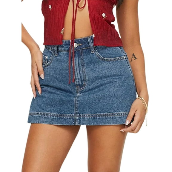 Rdhnmea Women Summer Denim Skorts Casual Solid Color Elastic Mini Skirt