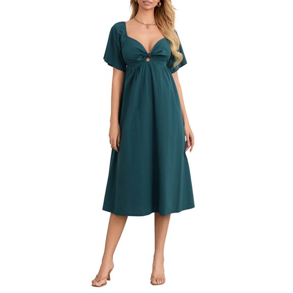 Rdhnmea Women V-Neck Bow Tie Front Ruched Midi Dress Short Sleeve Ruffle Flowy Dresses Summer Casual A-line Dress Party Cocktail Clubwear