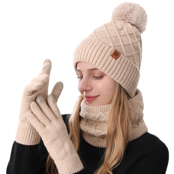 Rdhnmea Women Winter Beanie Hat Scarf Gloves Set, 3 Pcs Fleece Knitted Pompom Hat Thick Warm Neck Scarf and Gloves Winter Gift Accessories
