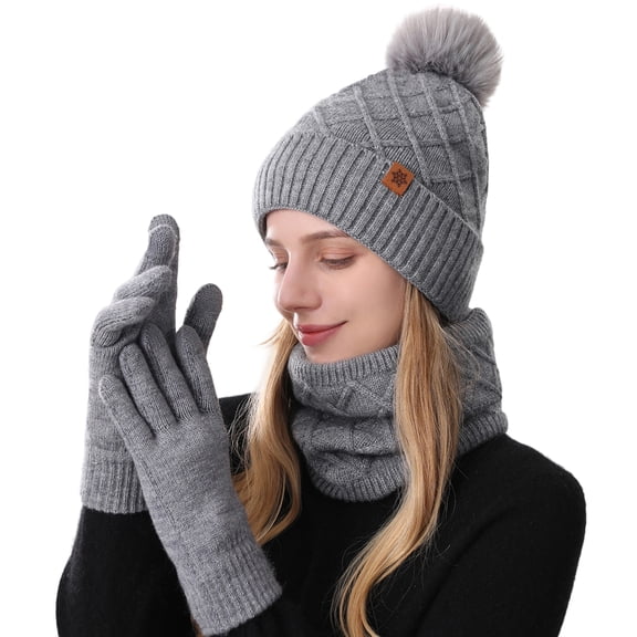 Rdhnmea Women Winter Beanie Hat Scarf Gloves Set, 3 Pcs Fleece Knitted Pompom Hat Thick Warm Neck Scarf and Gloves Winter Gift Accessories