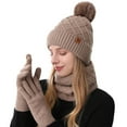 thumbnail image 1 of Rdhnmea Women Winter Beanie Hat Scarf Gloves Set, 3 Pcs Fleece Knitted Pompom Hat Thick Warm Neck Scarf and Gloves Winter Gift Accessories, 1 of 9