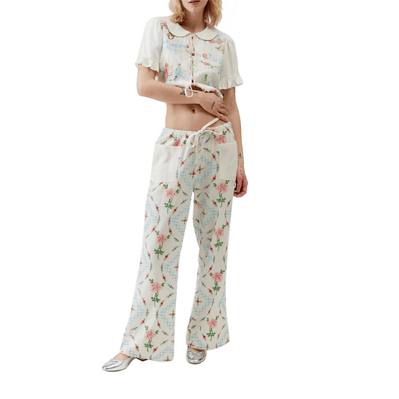 Rdhnmea Women Y2K 2 Piece Floral Pajama Set Short Sleeve Tie Front Crop Top and Low Waist Long Pants Sleepwear Loungewear Homewear