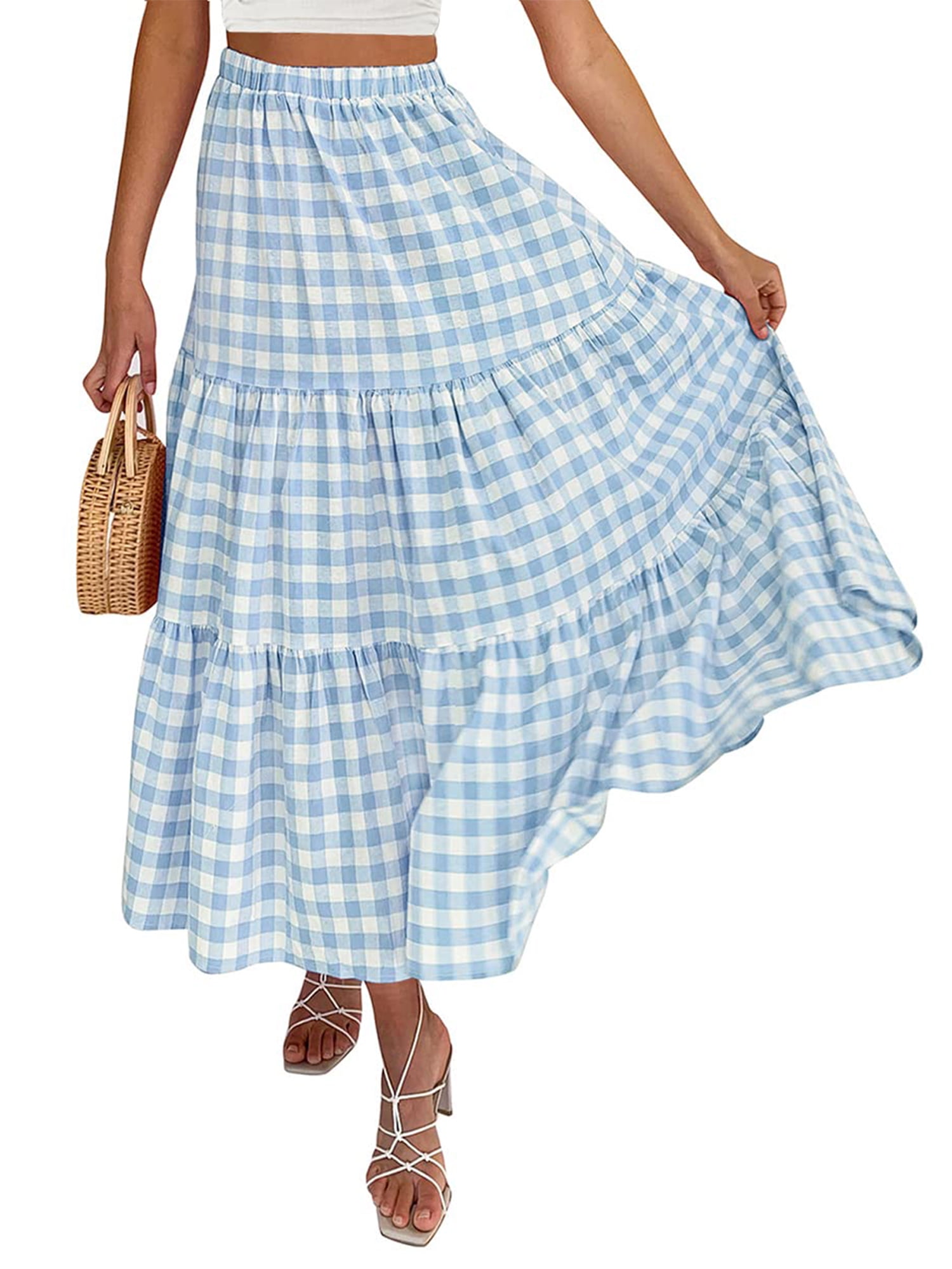 BEAUDRM Women's Y2K Plaid Mini Skirt – Gingham, Ruffled High Waist, Lace Hem, A-Line Cake Skirt