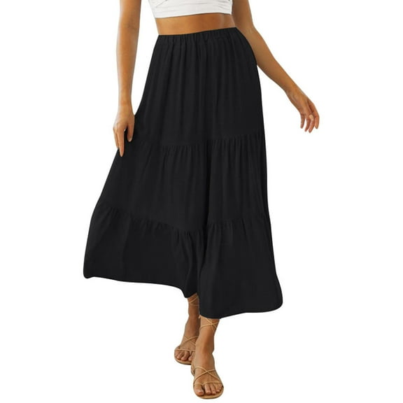 Rdhnmea Women Y2K Plaid Maxi Skirt High Waist Gingham Tiered Long Skirt Vintage A-Line Ruffle Flowy Skirt for Beach Travel Shopping