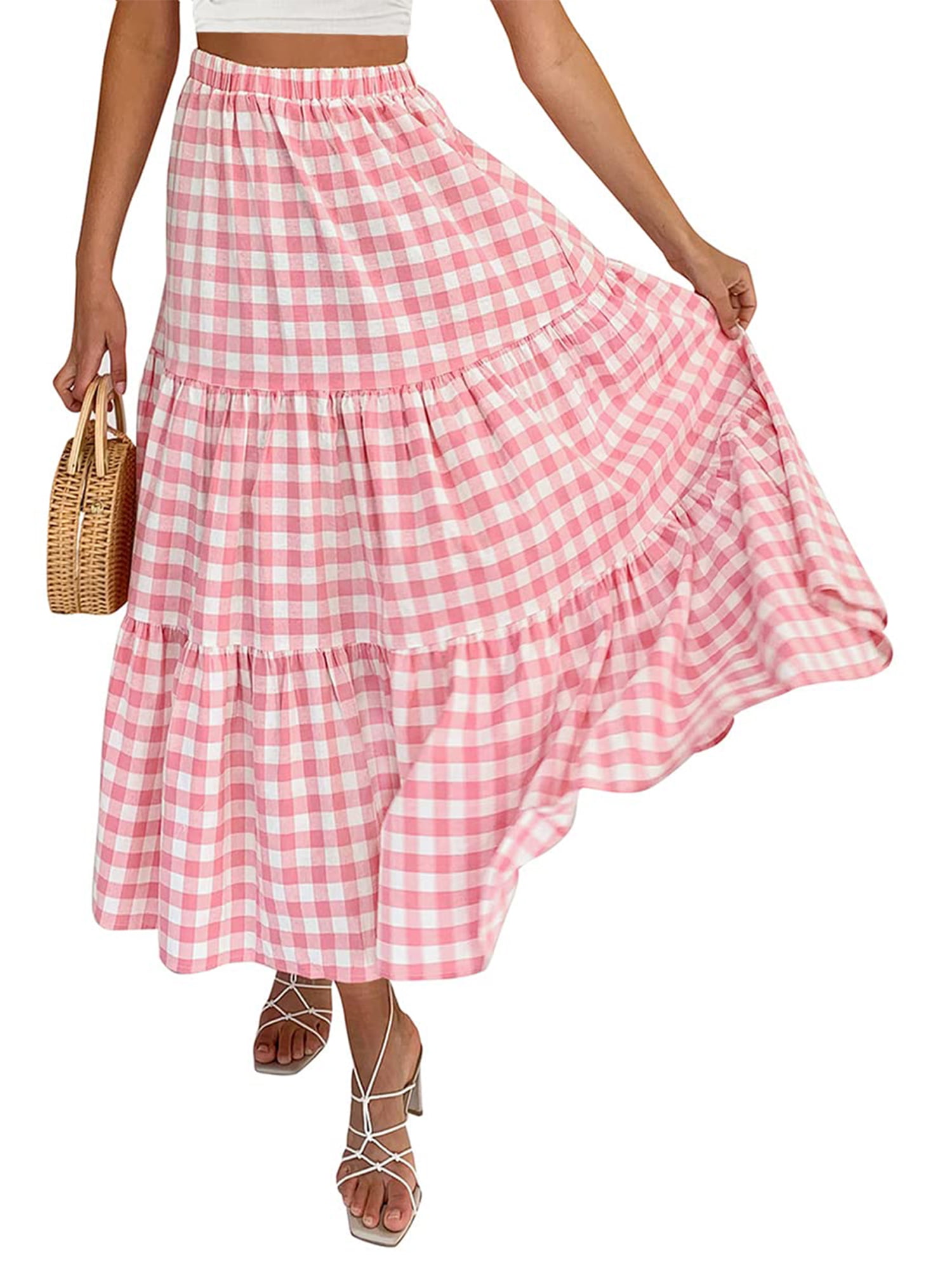 Rdhnmea Women Y2K Plaid Maxi Skirt High Waist Gingham Tiered Long
