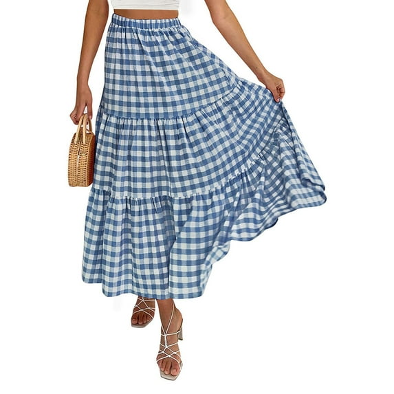 Rdhnmea Women Y2K Plaid Maxi Skirt High Waist Gingham Tiered Long Skirt Vintage A-Line Ruffle Flowy Skirt for Beach Travel Shopping