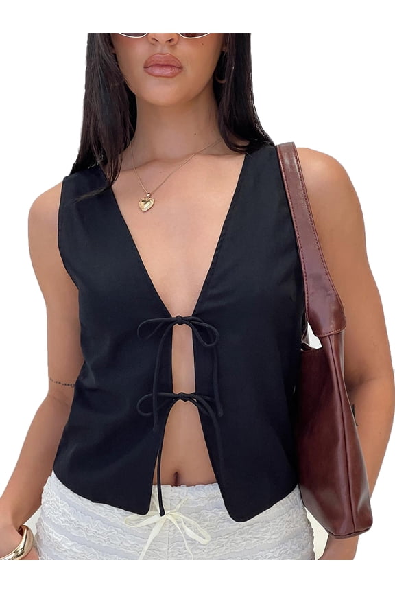 Women Y2K Tie Front Tank Tops Solid Color Sleeveless V Neck Bow Tie Vest Tops Open Front Tank Tops Streetwear
